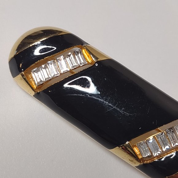 Black And Gold Tone Oval Brooch With Clear Rhinestones - Picture 6 of 14